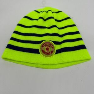 Manchester United Beanie Hats Unisex OSFA Neon Green Black Stripes Patch‎ Logo